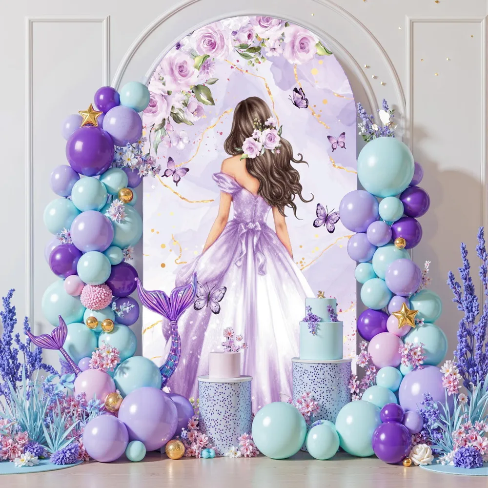 Purple Mermaid Gilrs Birthday Arch Backdrop Cover Flowers Fish Scale Tail Princess Portrait Arched Background Arch Stand Covers