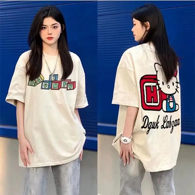 

Hello Kitty Cartoon Anime Women T-Shirt Summer Short Sleeve 100% Cotton Girl Tee Shirts Tops 2025 New Fashion Couple Clothing