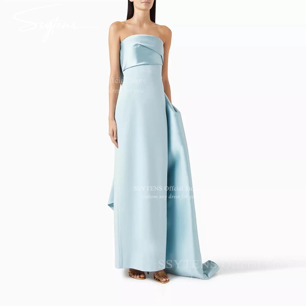 

SSYTENS Modern Blue Stain Evening Dress for Women Strapless Wedding Party Dress Sleeveless Long Simple Robes De Soirée Customize