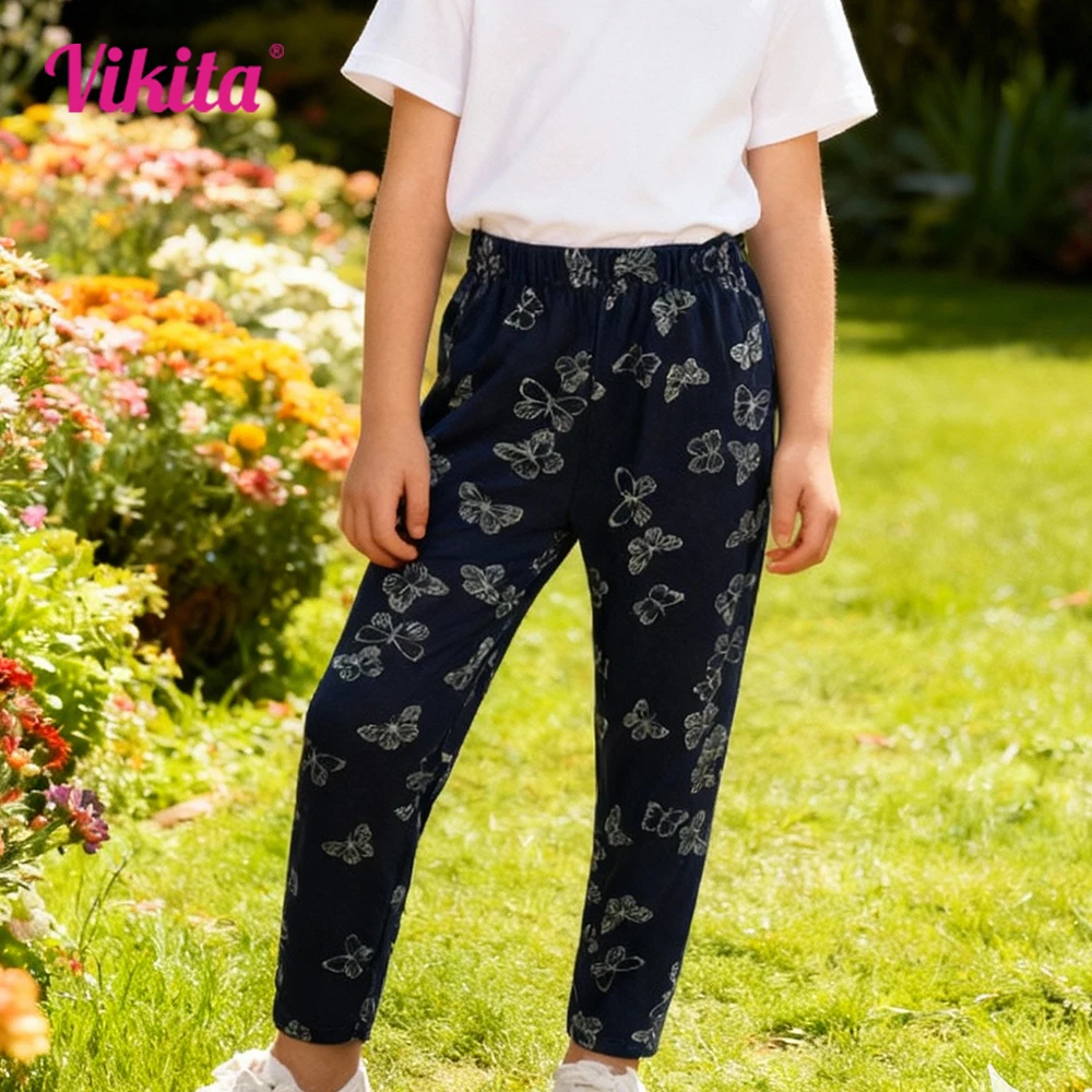 VIKITA Mädchen Baumwolle Freizeithose Kinder Schmetterlingsdruck Marineblau Gemütliche Mode Leggings Hosen Kinder Hosen Tragen 2 3 10 12 Jahre