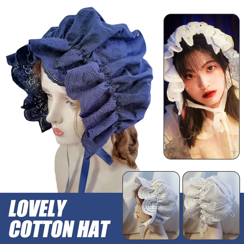 Women Girls Lolita Bonnet Ruffled Hat Vintage 19th Century Medieval Vintage Maid Cosplay Pumpkin Sweet Cotton Cap Lace-up Cap