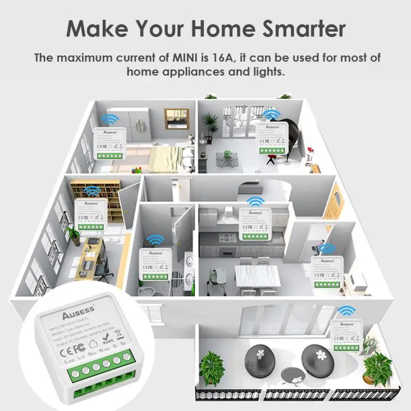 AUBESS 16A Tuya Zigbee Mini DIY Smart Switch Module 2 Way Control Voice Control Via Alexa Google Home Yandex Alice Smart Life