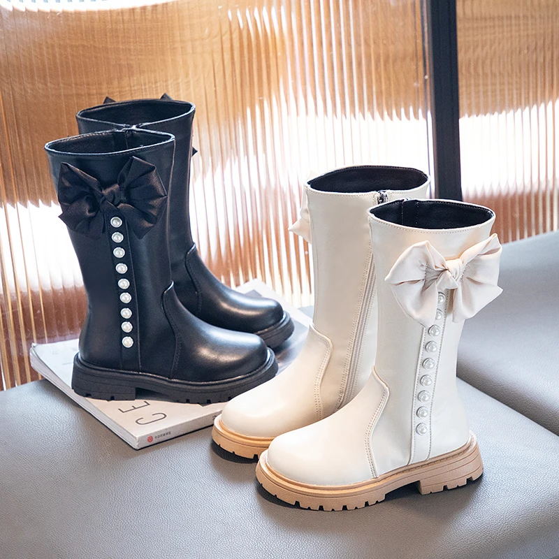 

Новинка 2023 года, детские ботильоны, осенняя обувь для девочек, роскошные детские повседневные модельные ботинки в массивном стиле с жемчужным бантом для девочек Детские Сапоги
