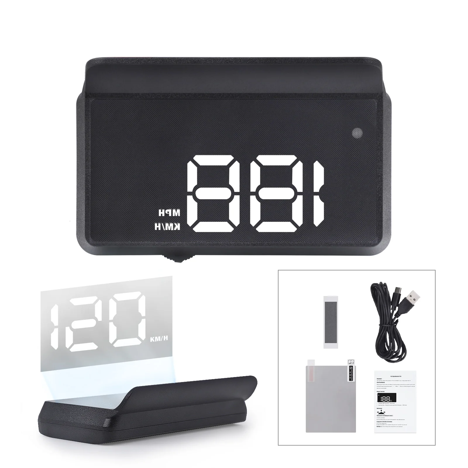 

W2 White Reflective HUD Digital Speedometer For Cars Triple Over-Speed Alarm Auto Light Sensor KM/H MPH Switchable Voltage 5V