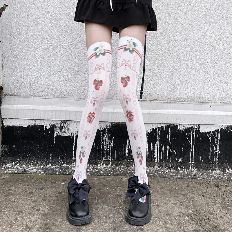 Nowe kobiety Lolita pończochy druk 3D słodki Kawaii JK z nylonowymi pończochami seksowne paski wtórne pończochy Cosplay