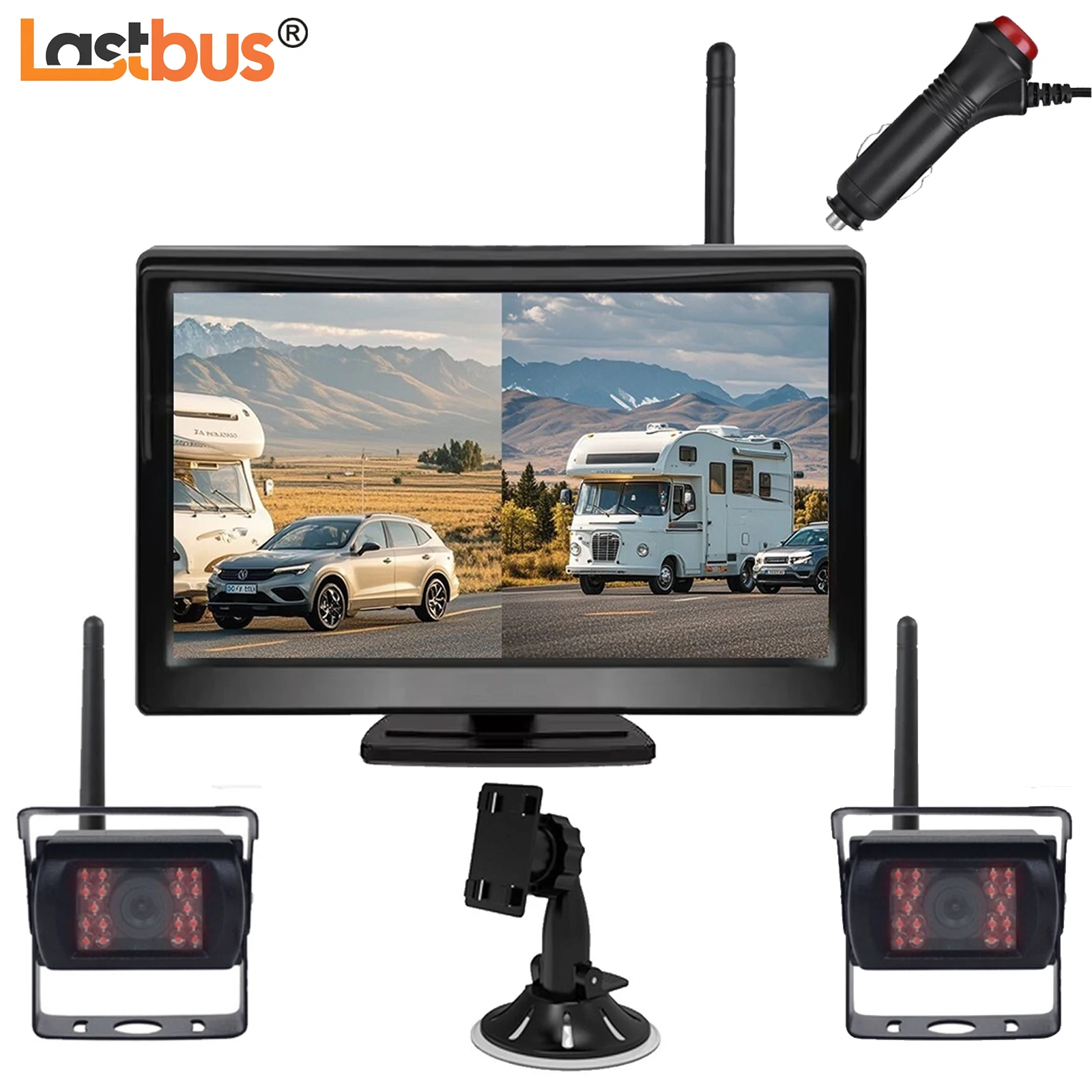 

Lastbus Wireless Backup Camera Night Vision Waterproof + 5" IPS Screen Split Screen Monitor For Rvs Van Trailer Caravan