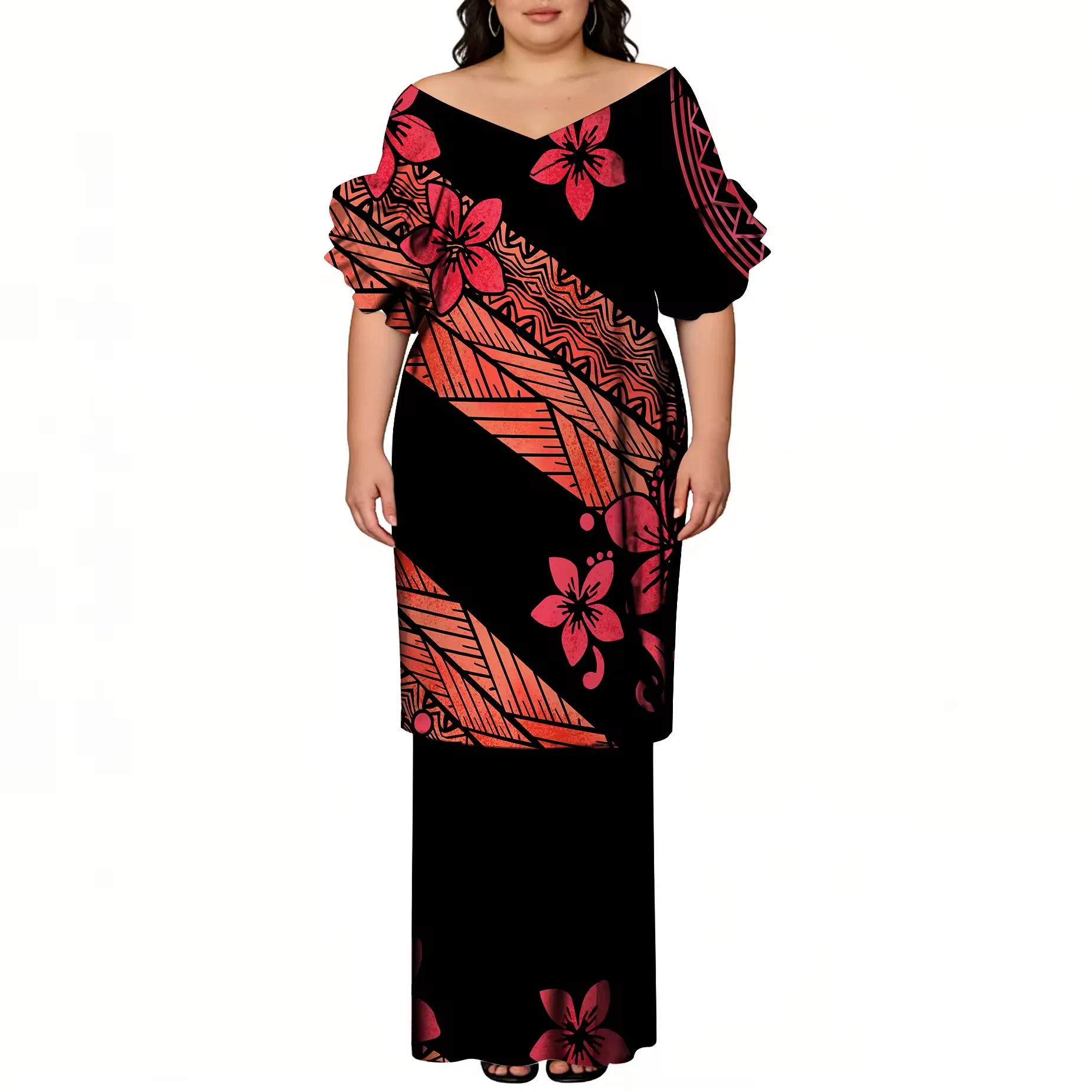 

Fashion Polynesian Hawaii Puletasi 2 Piece Casual Off the Shoulder Dress Factory Outlet Large Size Frill Short Sleeve Dress