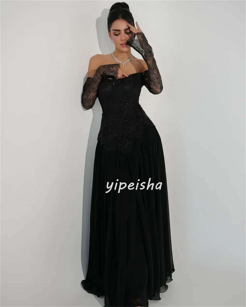 Abiti lunghi dritti con spalle scoperte in pizzo con perline in chiffon di moda stile moderno personalizzato Abiti da occasione su misura abbinati