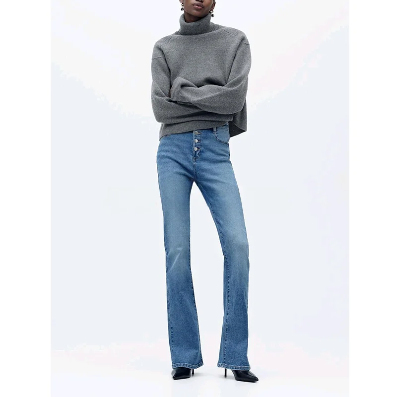 ربيع المرأة عادية تأثير Waed ألف خط السراويل عالية الخصر Ele Bell الجينز تخفيف Sle سستة كيت السراويل الطويلة