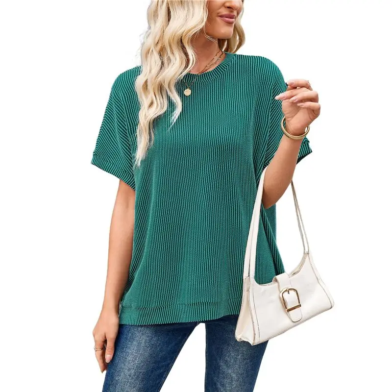 

CYL-Womens Oversized Short Dolman Sleeve Tunic Tops Summer Casual Textured Ribbed Knit T-Shirts Loose Fit Tees