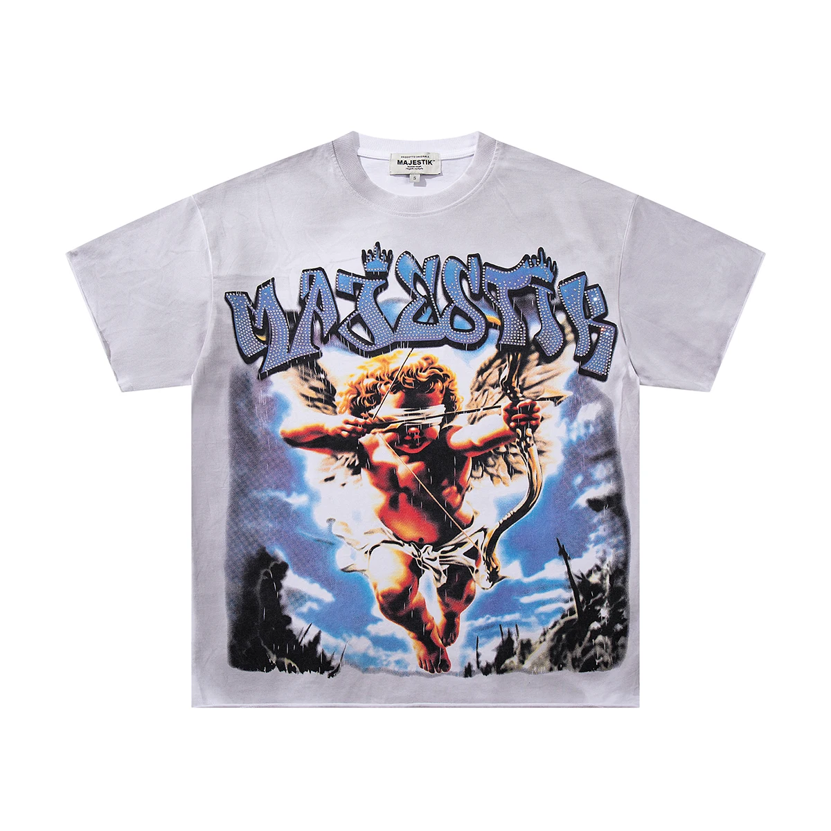 Cupid Archery Letter Diamond Frayed Summer Tshirts for Men and Women Streetwear Washed Vintage Baggy Cotton Top Tees Oversized
