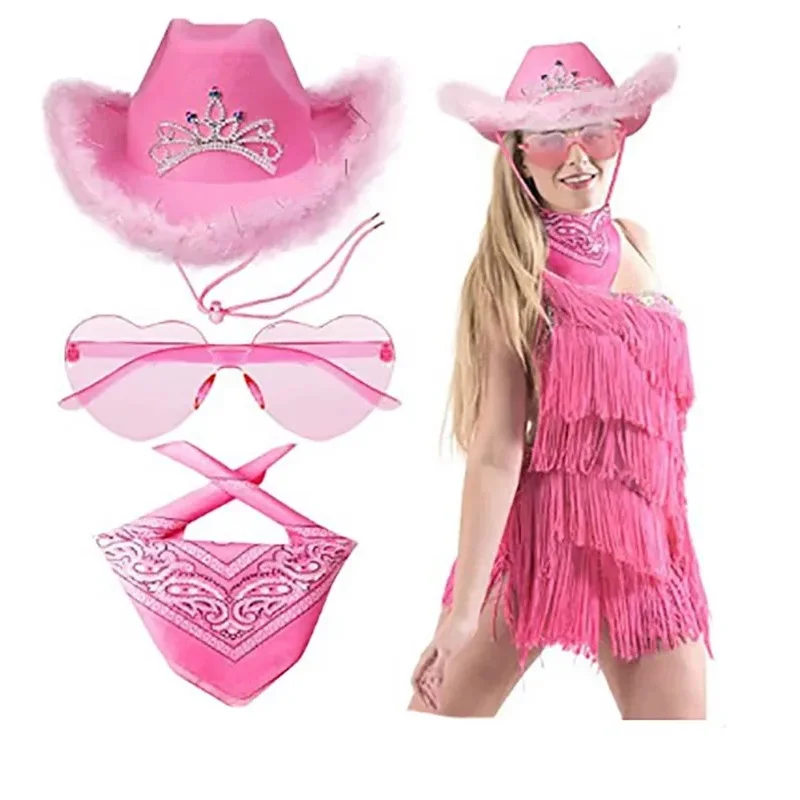 

Disco Cowboy Hat Women Bachelorette Party Pink Cowgirl Sequin Hat Birthday Feather Cowboy Cosplay Space Cap Bandana Costume