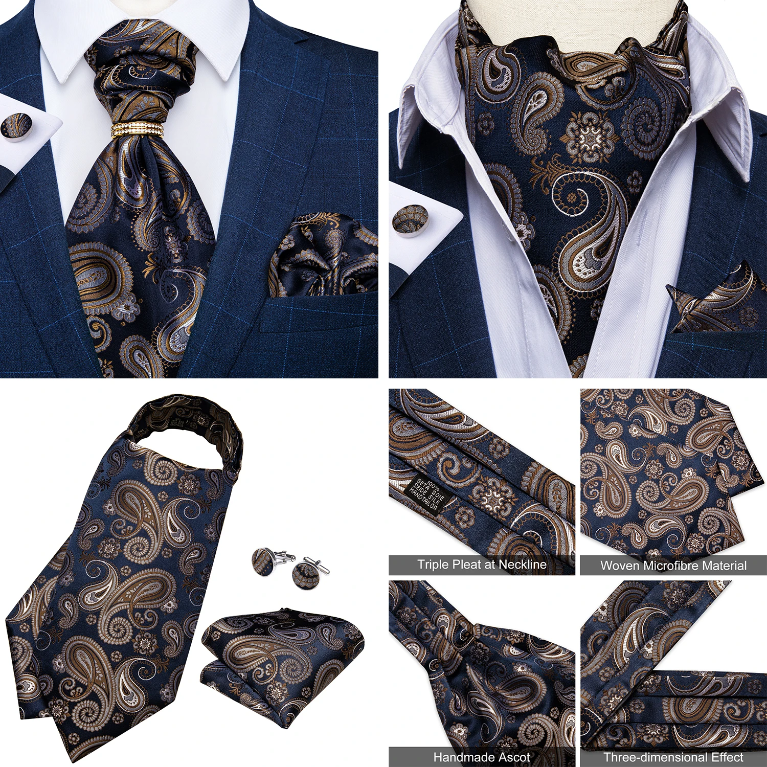 Luxury Men Green Blue Paisley Ascot Tie Set Solid Necktie Ring Wedding Party Cravat Purple Ties Pocket Sqaure Cufflink Free Ship