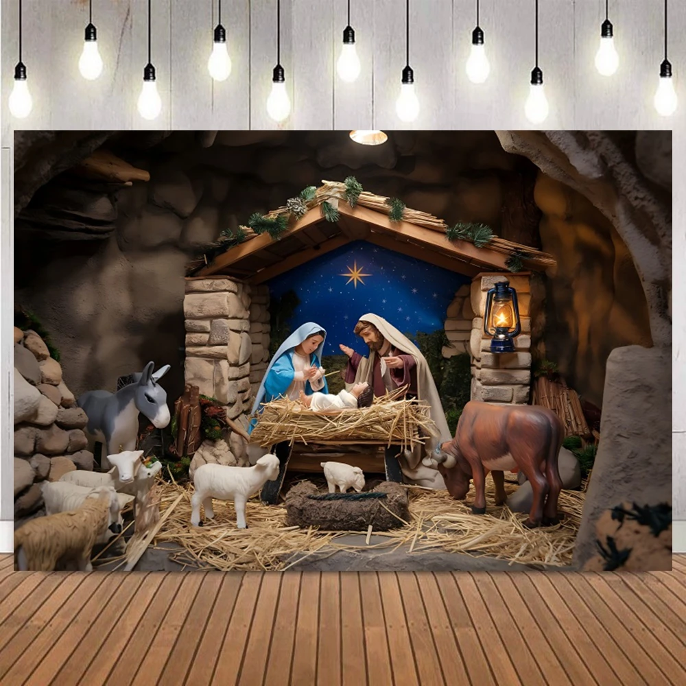 خلفية عيد الميلاد لولادة يسوع، السماء المرصعة بالنجوم، العائلة المقدسة، التجمعات الدينية، المهد لخلفية التصوير الفوتوغرافي للديكور الاحتفالي #5