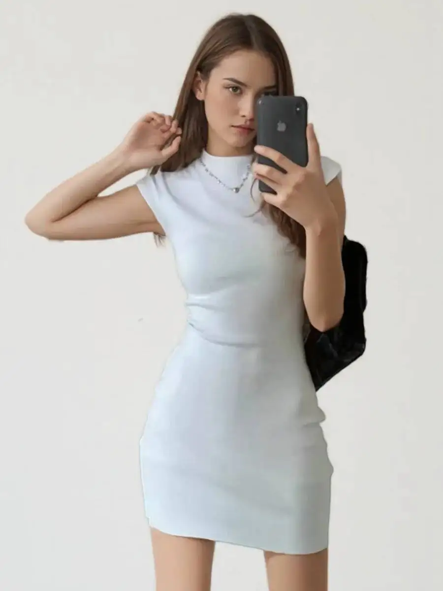 t shirt mini dress slim Women Fashion Stretch Knit Mini Dress Vintage High Neck Sleeveless Female Dresses Vestidos Mujer 4THJ