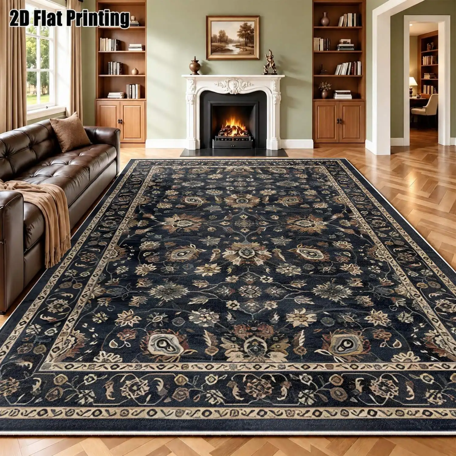 1Pc 2D Printed Dark Blue Retro Floral Carpet, Multi-Style, Multi-Size, Machine Washable, Ideal for Home Decor Rooms