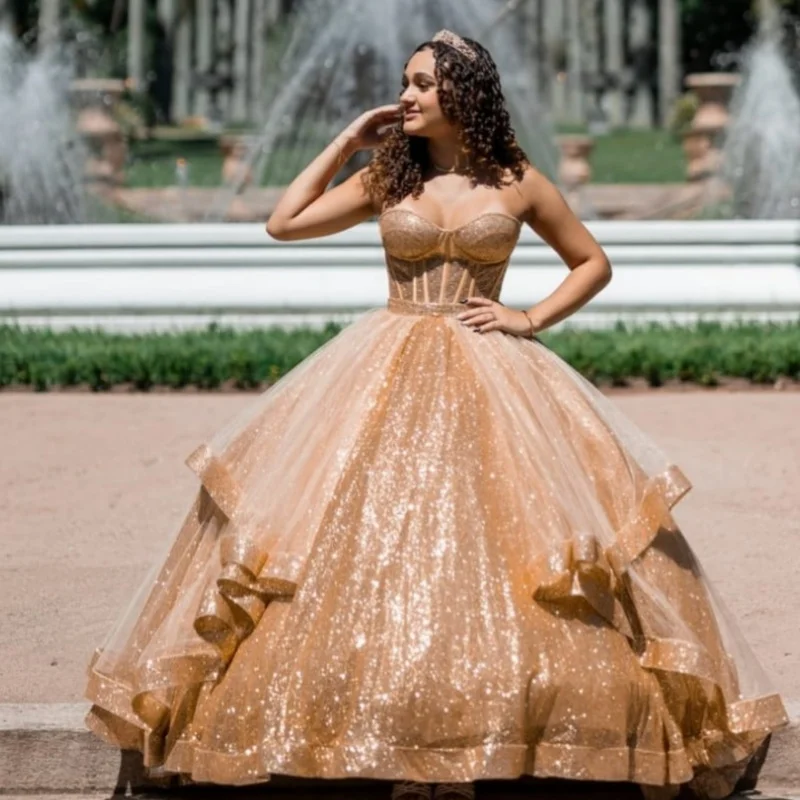

Champagne Gold Quinceanera Dress off-shoulder Glitter Decal Layering Long tail vestidos de 15 Quinceanera ﻿Customize