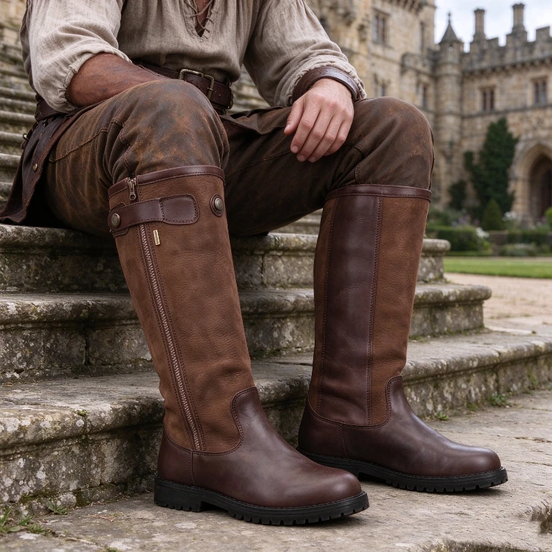Spliced Leather Side Zipper Non Slip Platform Medieval Cosplay Leisure Shoes For Men Retro Outdoor Motorcycle Riding Boots