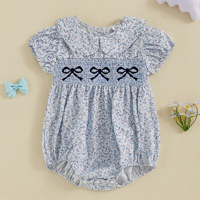 VISgogo Baby Girls Rompers Bowknot Embroidered Print Doll Collar Short Sleeve Jumpsuits Bodysuits Summer Clothes