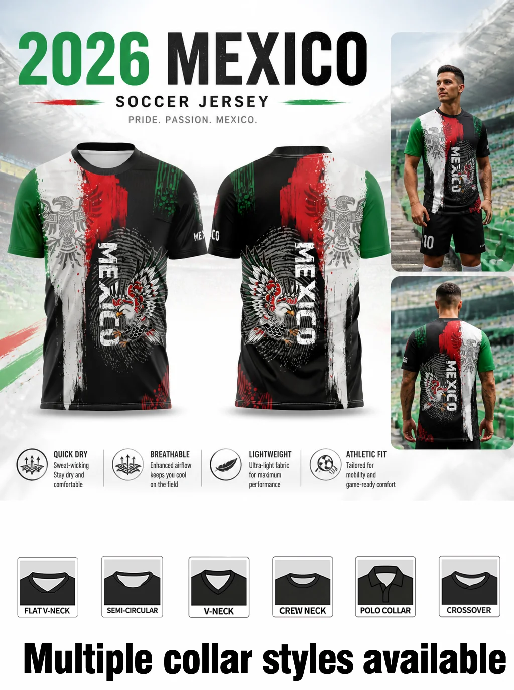 Mexico soccer jersey,flag‑color brush eagle fingerprint print,3D MEXICO lettering,quick‑dry,multiple collar styles
