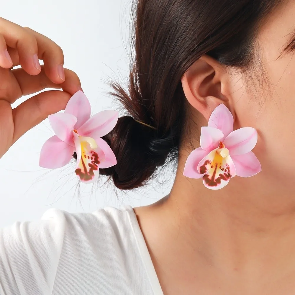 Butterfly Orchid Large Flower Earrings Korean Style Exaggerated Flower Stud Earrings Cloth Minority Design