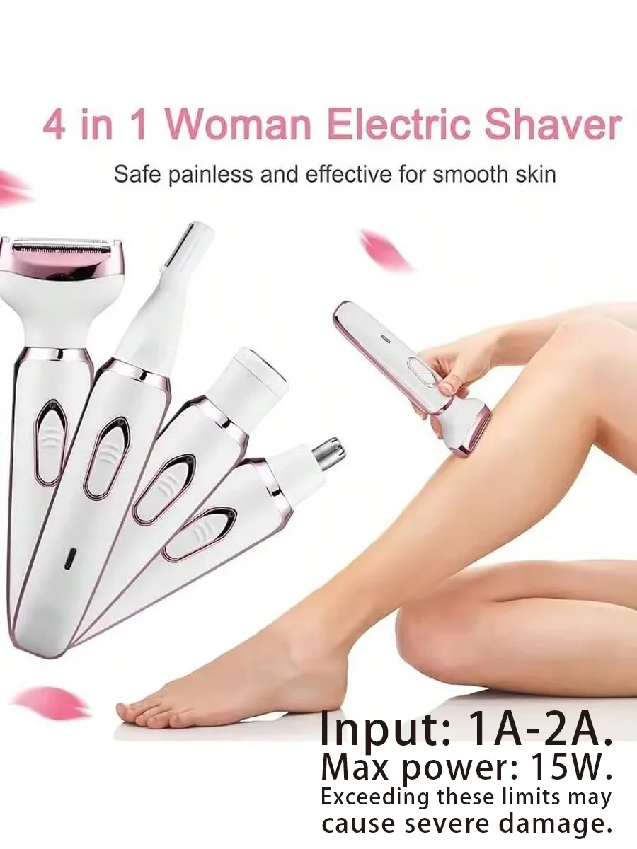 4-in-1 Rechargeable Electric Lady Shaver Set - 500mAh Portable Wet/Dry Trimmer for Face, Nose, Legs & Underarms image 2