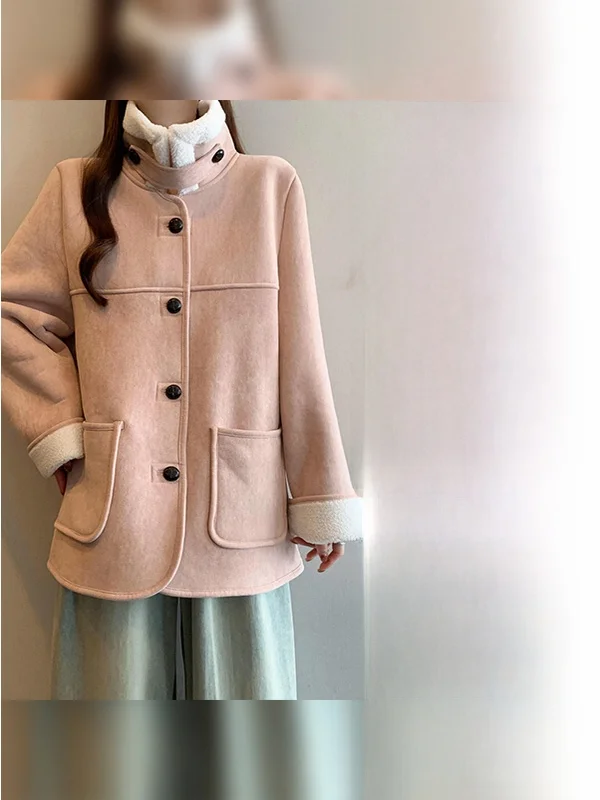 

plus Size Women's Pink Fur Lined Thiened Spring Coat Casual Sle Warm Outerwear Faionable Anti-Aging Long Sve Coat