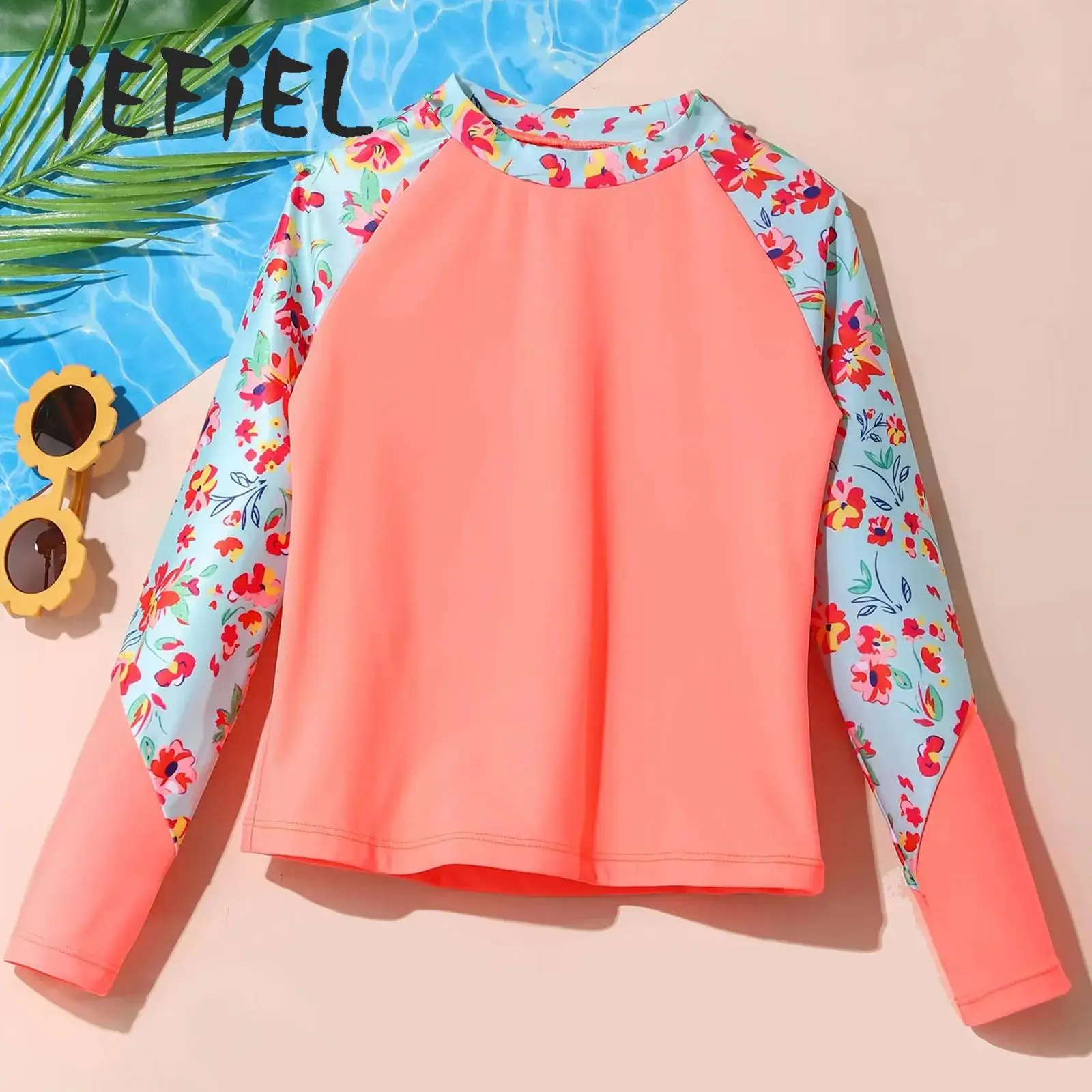

Summer Sun Protection Girls Swimming Shirts Top Fashion Printed Swim Top Mock Neck Long Sleeve T-shirt for Beach Rash Guard