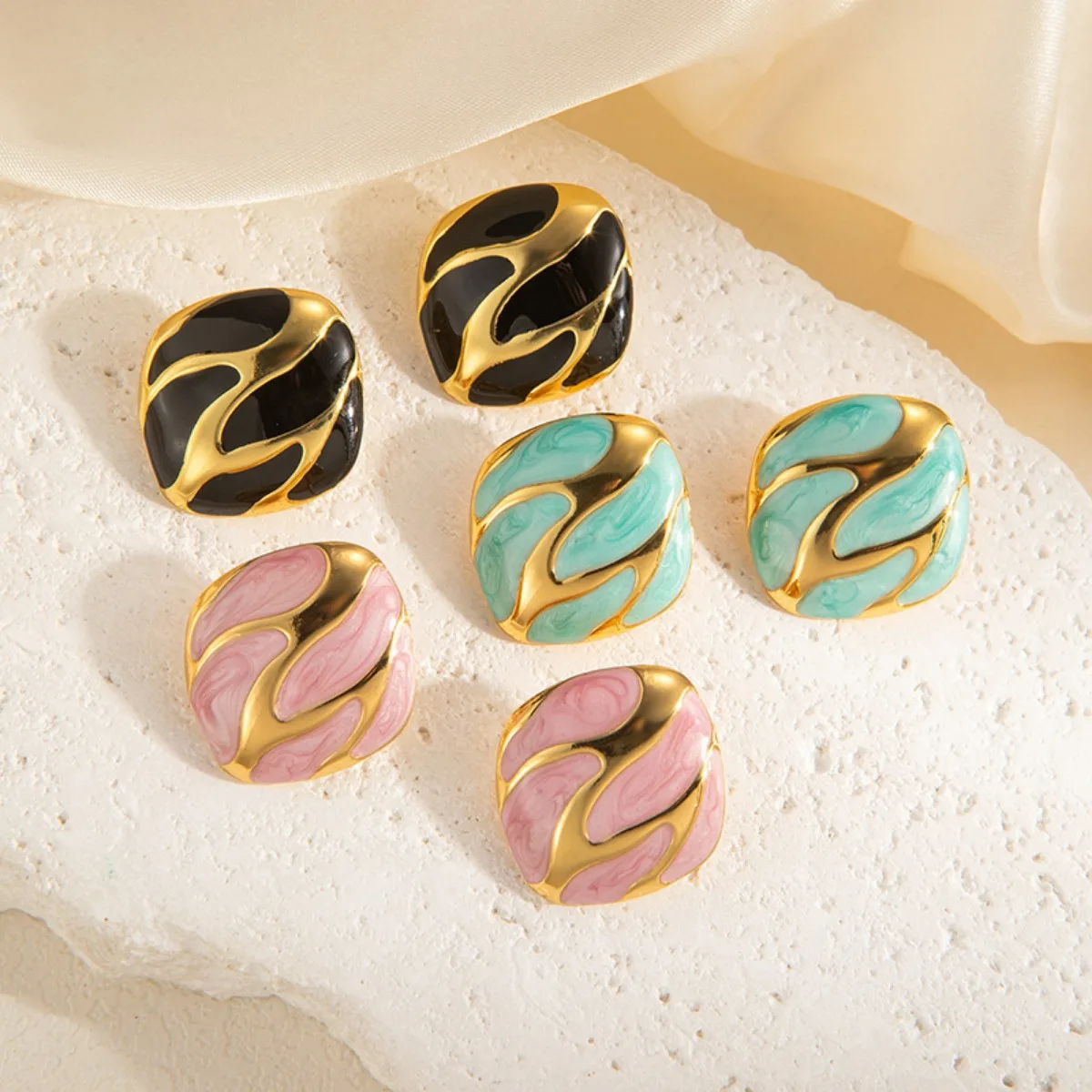 Womens Square Enamel Stud Earrings Stripe Pattern Gold Plated Fashion Jewelry for Daily Party Gift