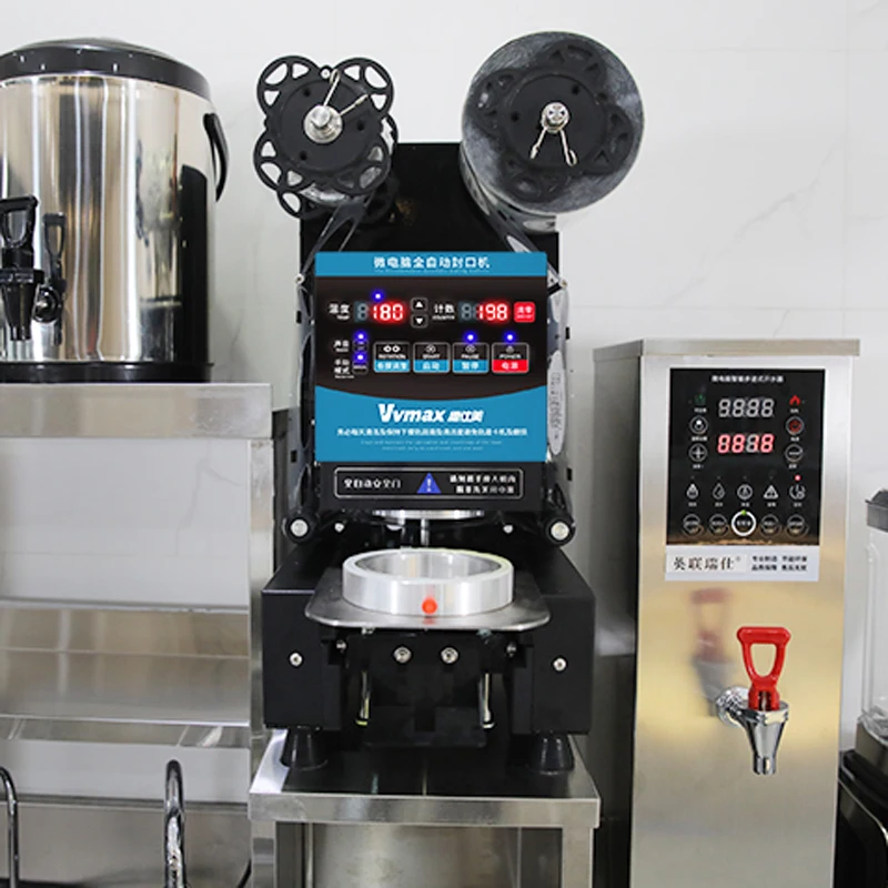 ماكينة تغليف الأكواب الأوتوماتيكية بالكامل ، ماكينة تغليف الأكواب البلاستيكية الكهربائية ، كوب ورقي لسدادة طعام الشاي والحليب ، فيلم شاي الفقاعات ، النسخة الإنجليزية