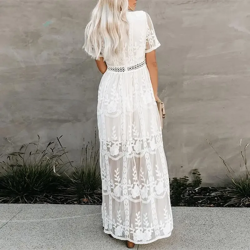 Rainhas Happie-vestido branco de chiffon para mulheres, bordado em renda, manga comprida, decote em v, patchwork de malha, vestidos boho para senhora, verão, 2021