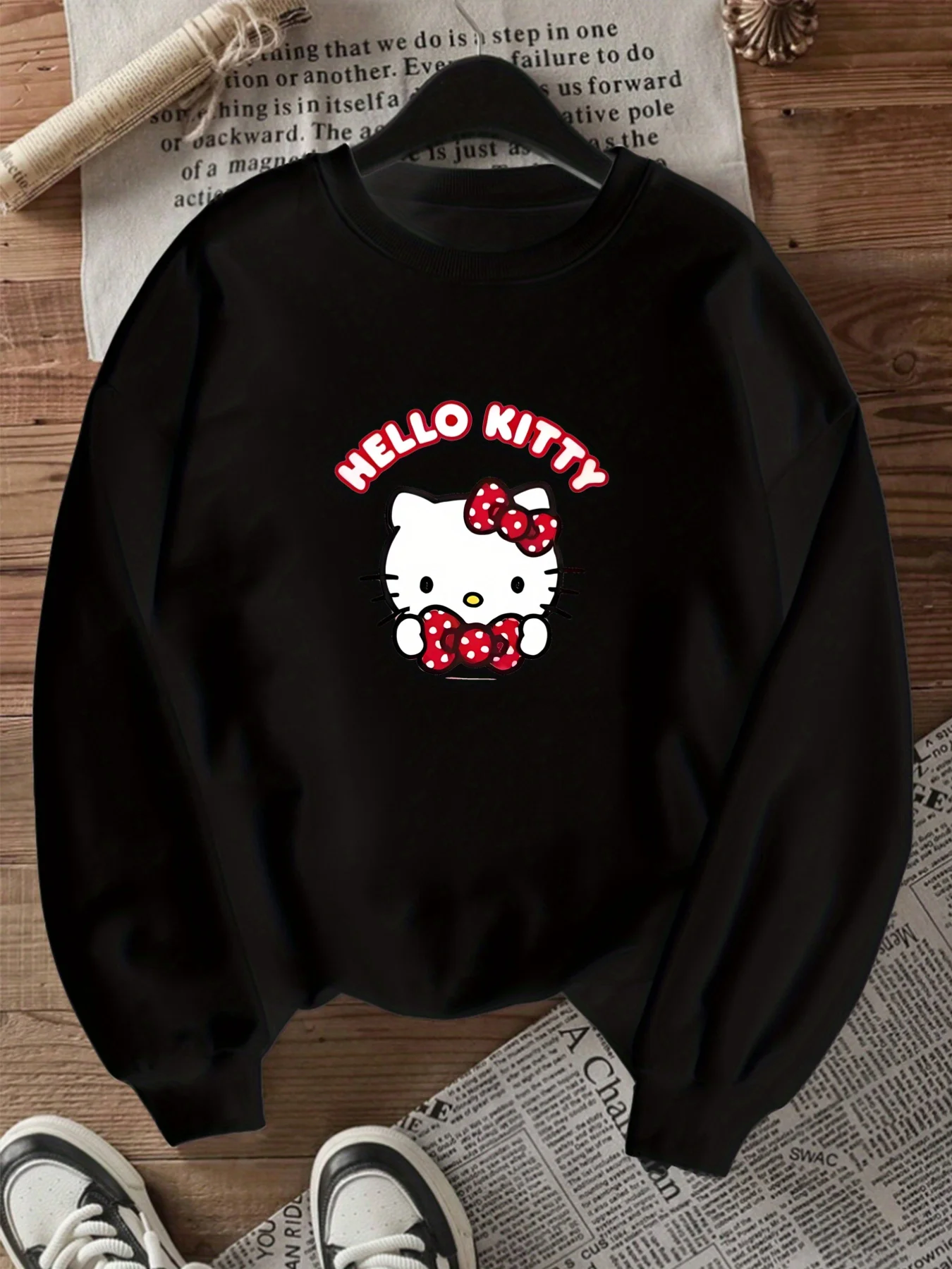 

Топ с длинными рукавами и круглым вырезом с принтом серии Sanrio, милая и теплая футболка с длинными рукавами и круглым вырезом на флисовой подкладке, 100% хлопок