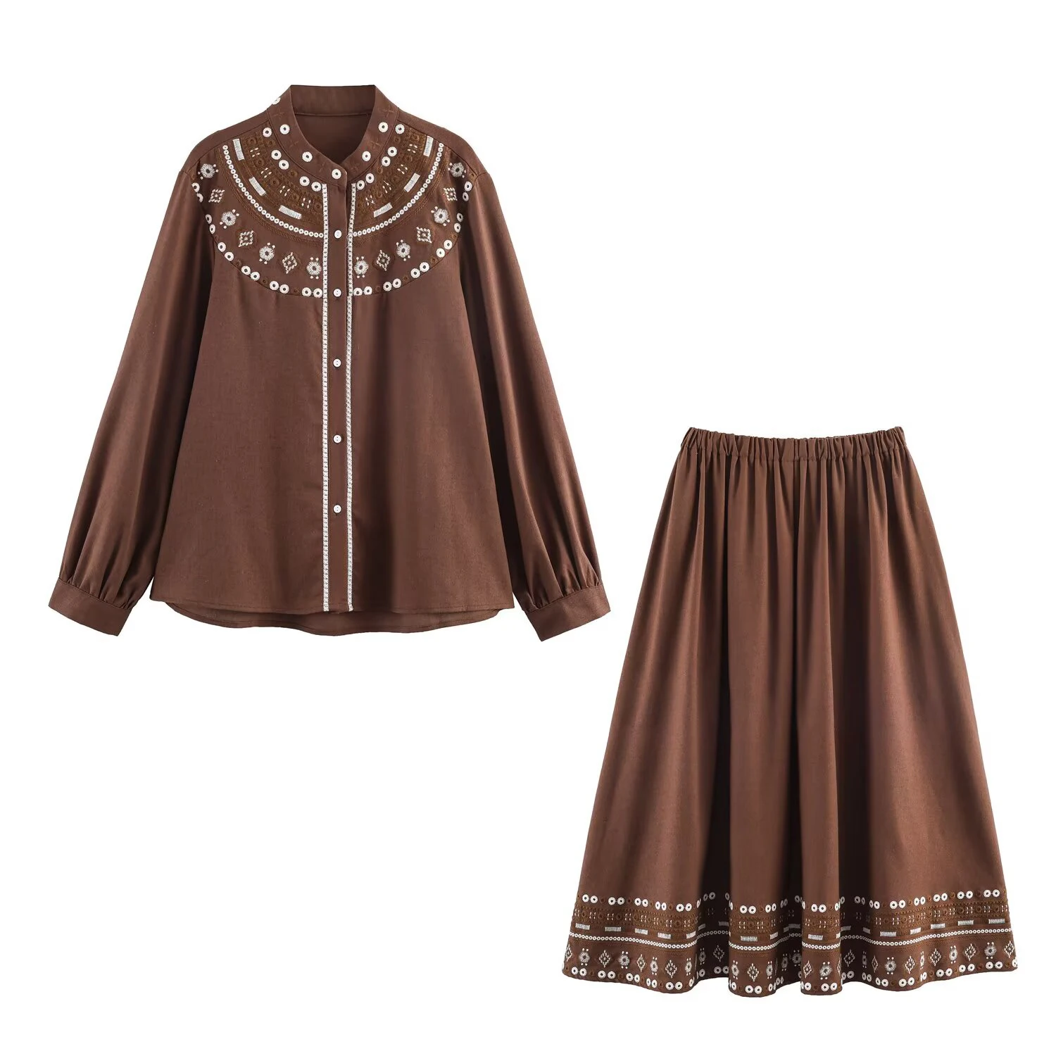 

Весенний ретро-комплект класса люкс: женская модная рубашка в стиле Fair Island и этническая вышитая юбка-полусолнце, комплект из двух предметов