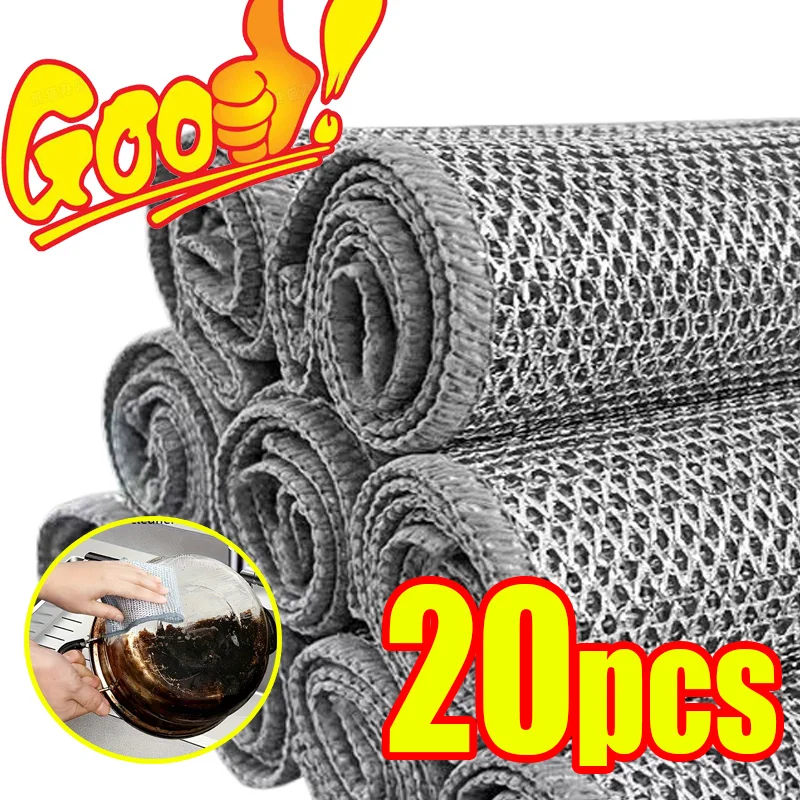 Magic Cleaning Cloth Iron Stick Metal Wipes Rags Magic Dishcloth Wash Towel Silver Steel Wire Kitchen Cloth Thickened Rag 1-20pc