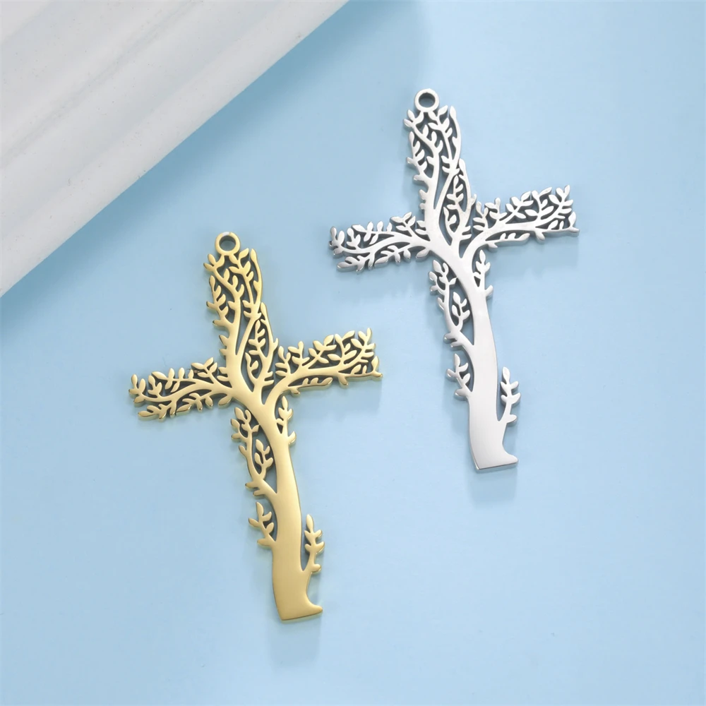 Wholesale Stainless Steel Tree-Shaped Crosses Charms For Jewelry Making Diy Necklace Earrings Pendants Accessories 34x56mm