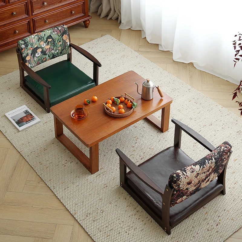 Japanese Floor Chair with Backrest Solid Wood Tatami Stool Legless Design Low Sitting Stool