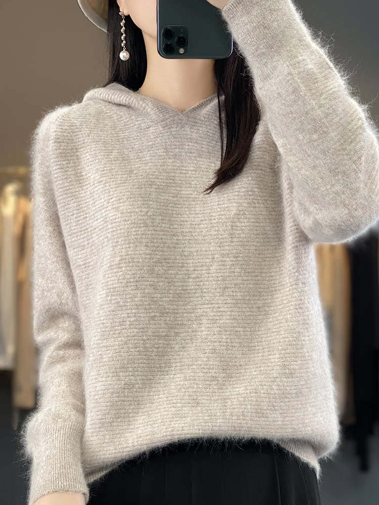 100% Mink Cashmere Hooded Sweater Women\'s New Knitted Pullover Fashion Loose Large Size Hoodie Autumn Long-Sleeved Thick Blouse