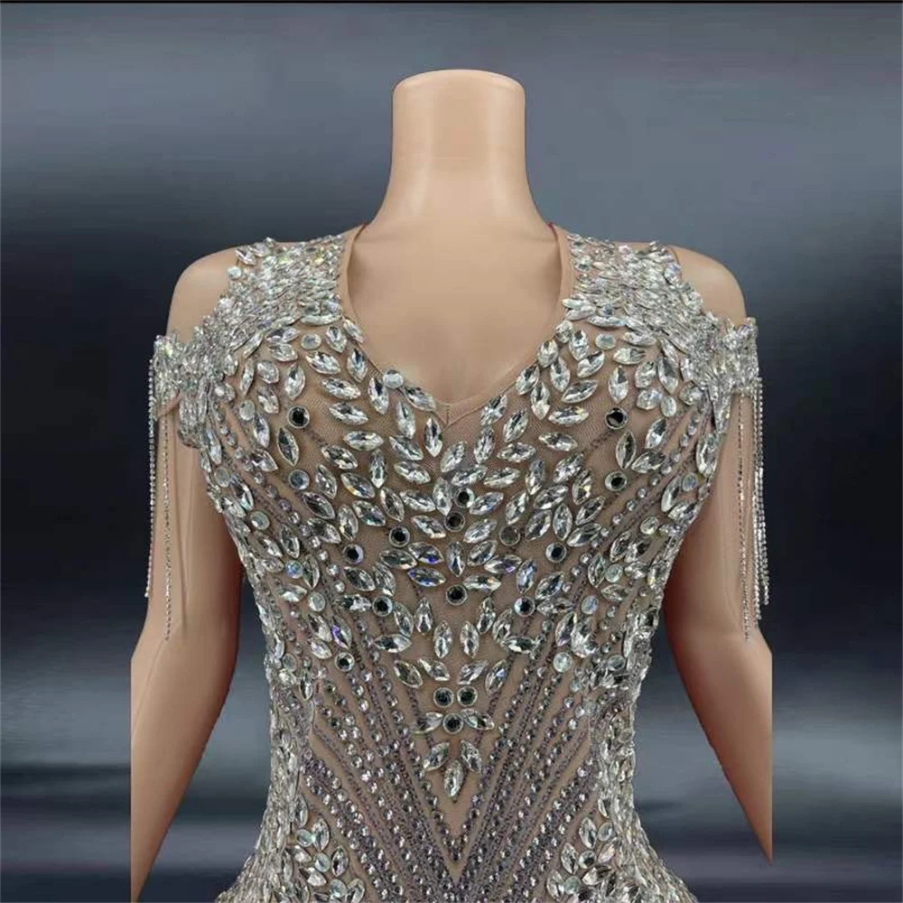 Shining Rhinestone Crystal Pearls Sexy Long Split And Short Dress For Women Evening Celebrity Clothing Party Wears Stage Costume