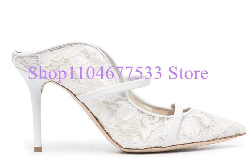 White Lace Slip-on Lady Pumps Sexy Thin Heel Pointed Toe Woman High Heels Sandals Shoes Female Large Size Banquet Dress Shoes