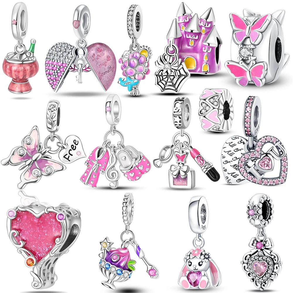 

Original 925 Silver Purple Balloon Pink Clothes Slippers Lipstick Girl Beads Charms Fit Bracelet Women Diy Accessories Gift