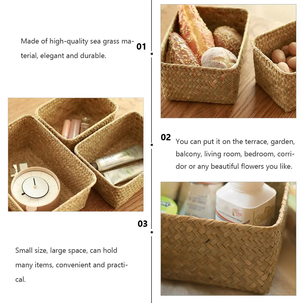 

3 Pcs Tea Storage Basket Rectangle Woven Large Baskets Pantry Cover Sea Grass Material Balcony Bedroom Corridor Fruit Container