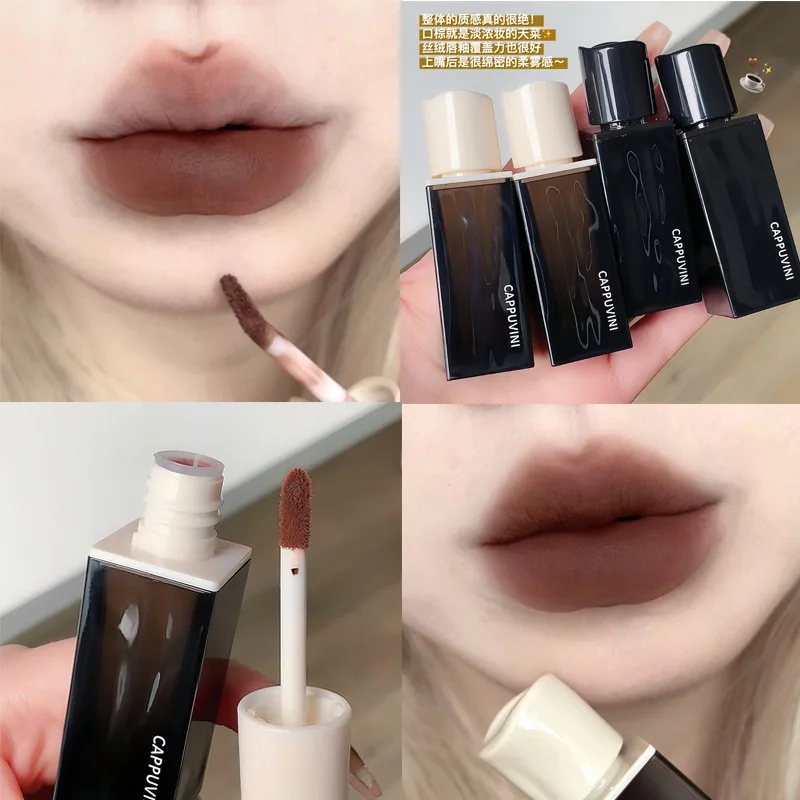 Water Wave Amber Lipgloss Matte Lip Glaze กันน้ําโคลนสีแดง Velvet Liquid ลิปสติก Pigment Long-Lasting Lips Make Up Nude สีน้ําตาล