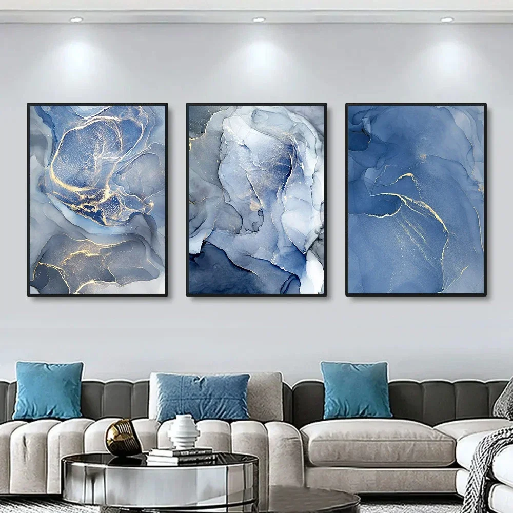 3PCS--Modern Golden Blue Marble Wall Art Prints Abstract Posters Canvas Painting Nordic Wall Pictures Living Room Interior Ho