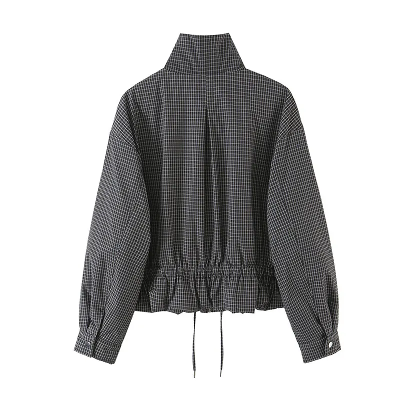 Nlzgmsj 2026 Autumn Women Plaid Stand Collar Full Zip Drawstring Hem Pocket Jacket  Loose Casual Short Outerwear Coat Y2K