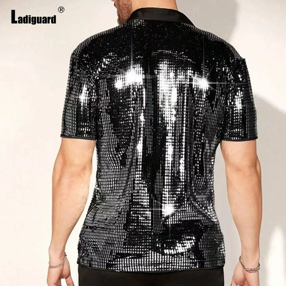 Men's Grunge Dance Club Shirt Men Short Sleeve Notched Casual Sequins Tops Latest Stand Pocket Pullovers Sexy Mens clothing 2025