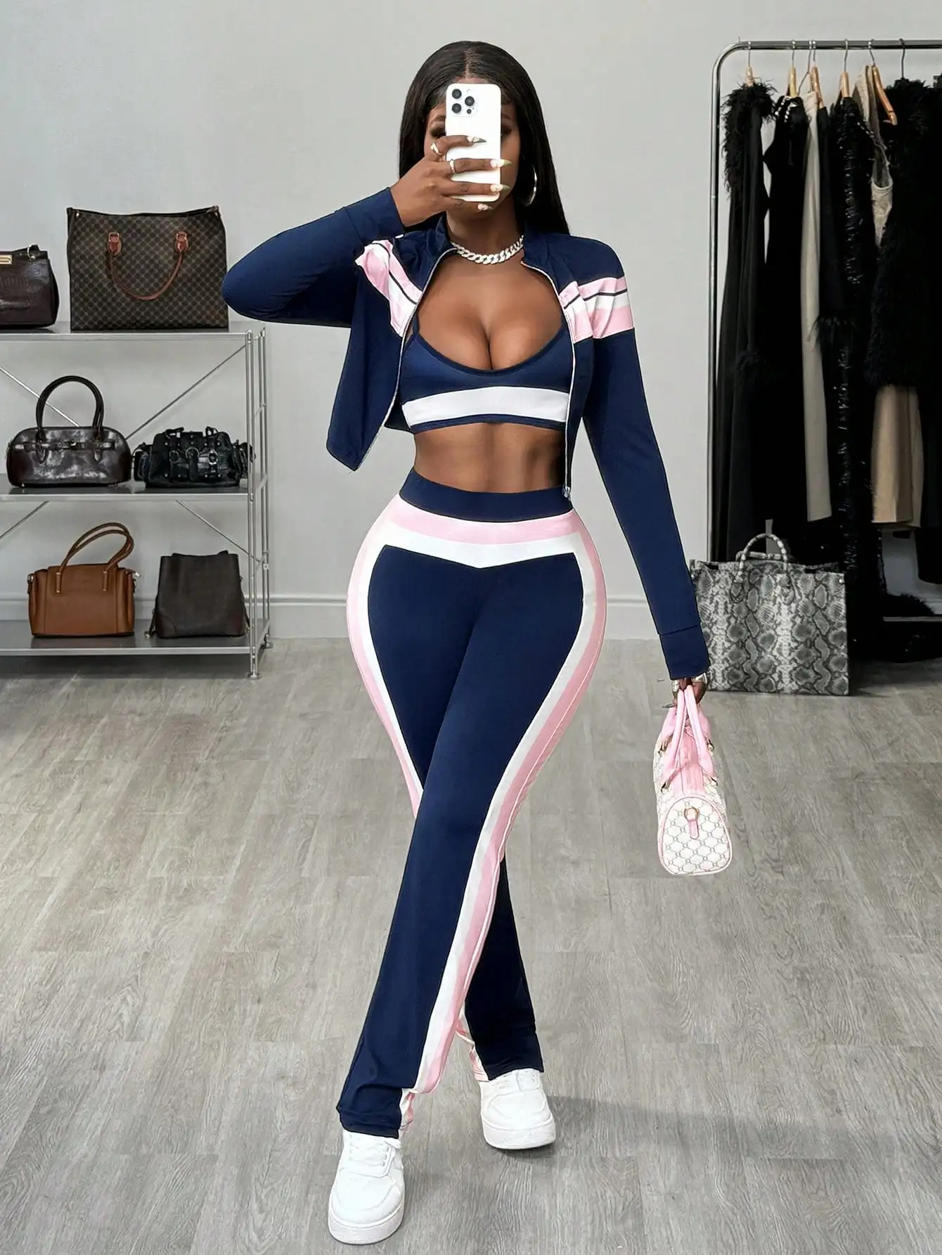 여성용 네이비 핑크 스트라이프 3피스 세트: 지퍼 재킷, 크롭탑 & 레깅스 (캐주얼 스트리트웨어)