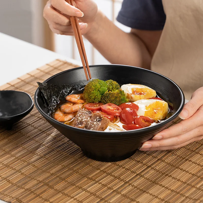 Black Frosted Melamine Ramen Bowl Imitation Porcelain Large Noodle Bowl Japanese Style Fruit Salad Soup Bowl Fast Food Tableware