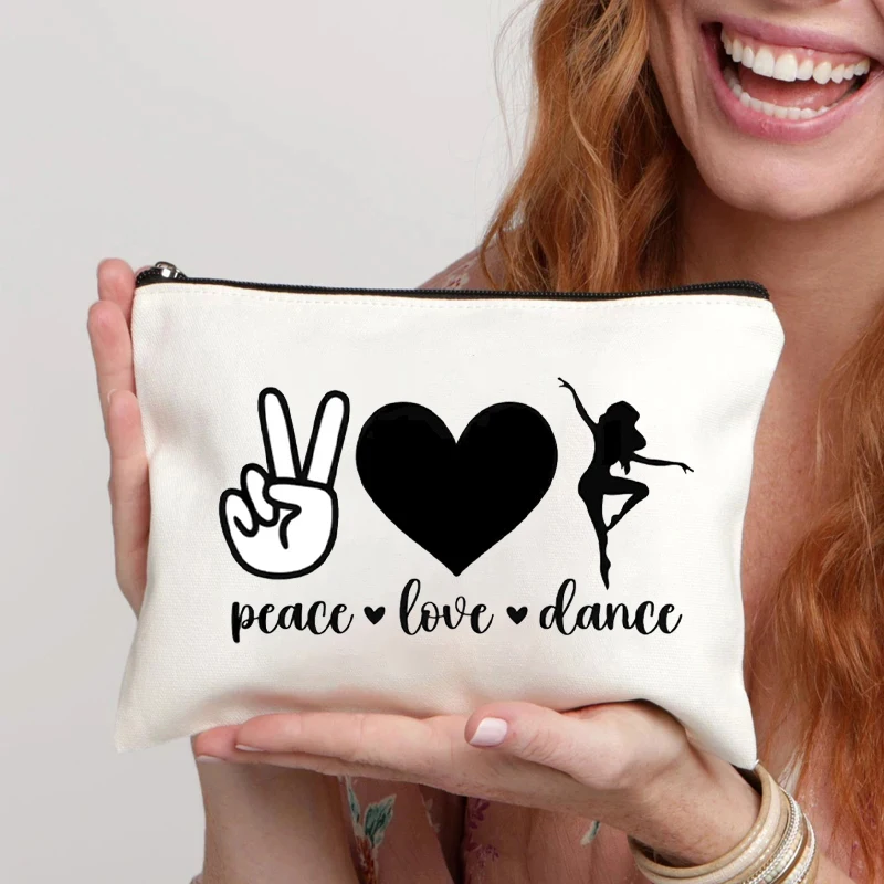 Love Dance Printed Canvas Cosmetic Bag Organizer Dance Training Sundries Storage Zipper Pouch Travel Toiletry Bags Pencil Case