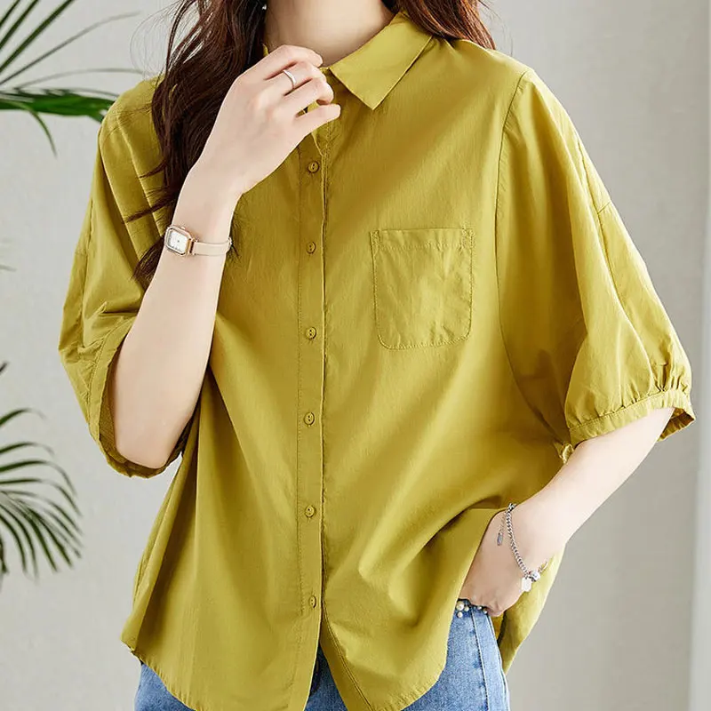 Fashion Single-breasted Blouse Half Sleeve Casual Loose Women\'s Clothing Pockets Spliced Polo-Neck 2024 Summer Solid Color Shirt