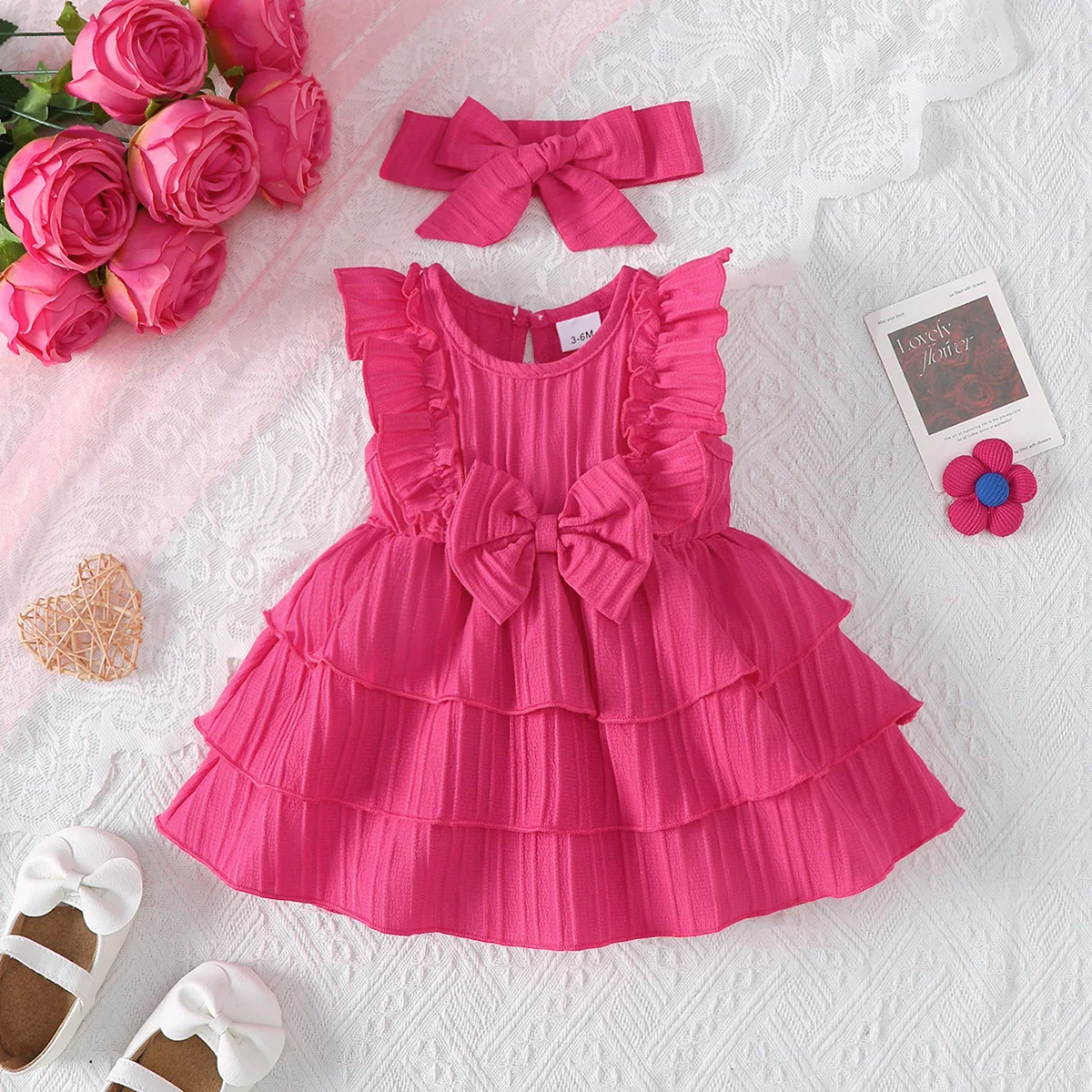 2Pcs Newborn Baby Girl Dress with Ruffles and Cake Skirt + Hairband Set, Suitable for 0-24 Months, Fashion Dress for Baby Girls